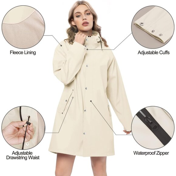 Women’s Beige Waterproof Rain Jackets: Hooded Long Raincoat & Windbreaker - Picture 2 of 6